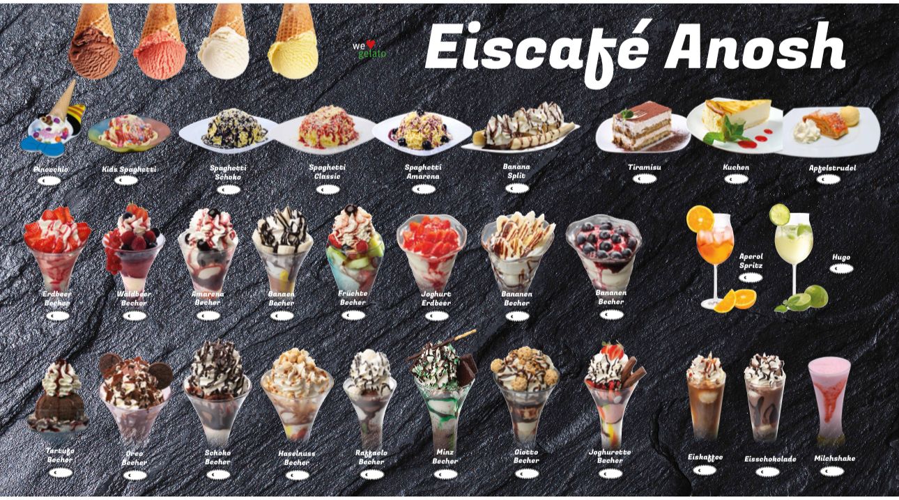 Eiscafé Anosh · Eis, Becher, Spaghetti-Eis und Drinks