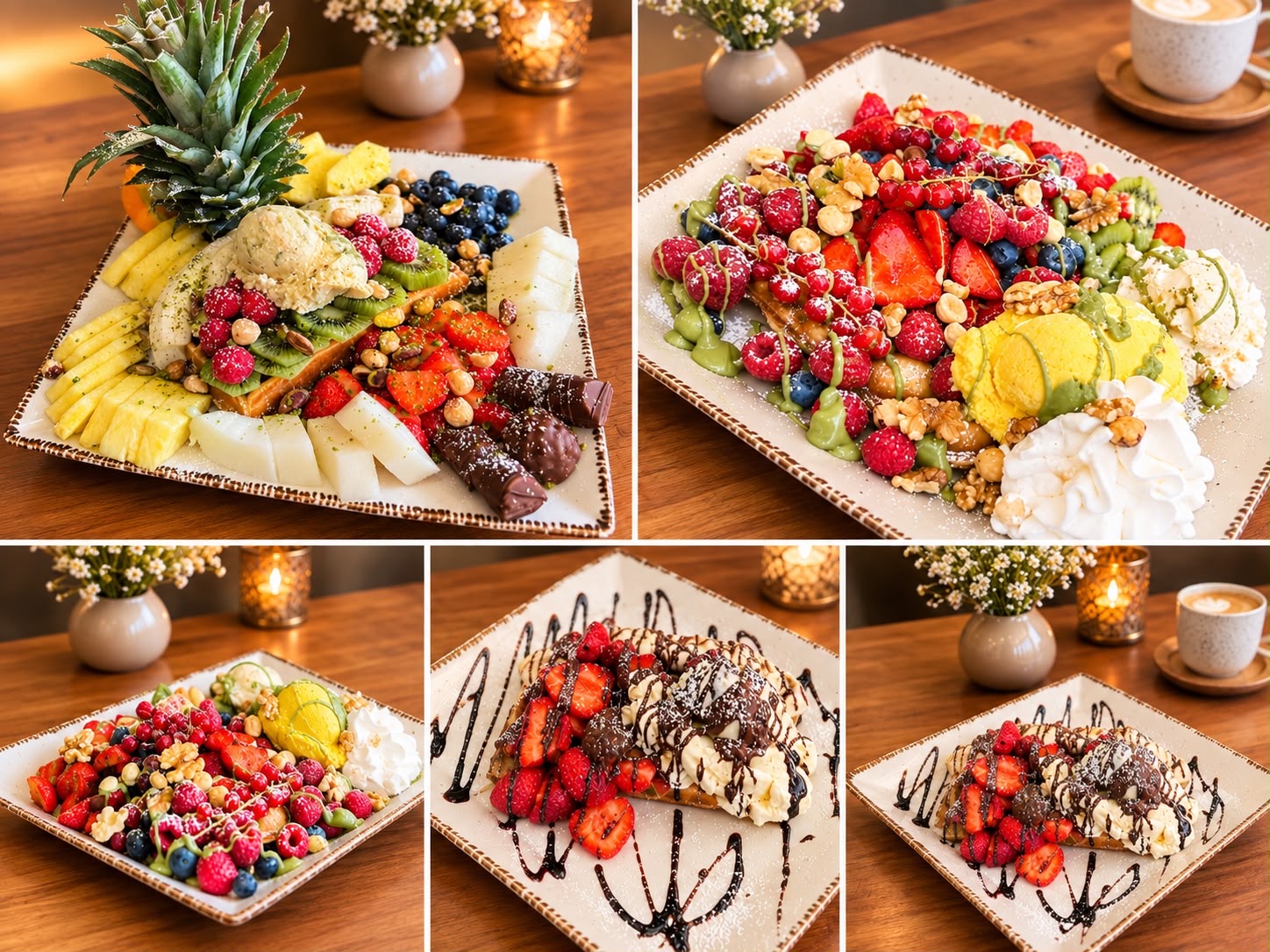Collage: Frucht- und Waffelteller